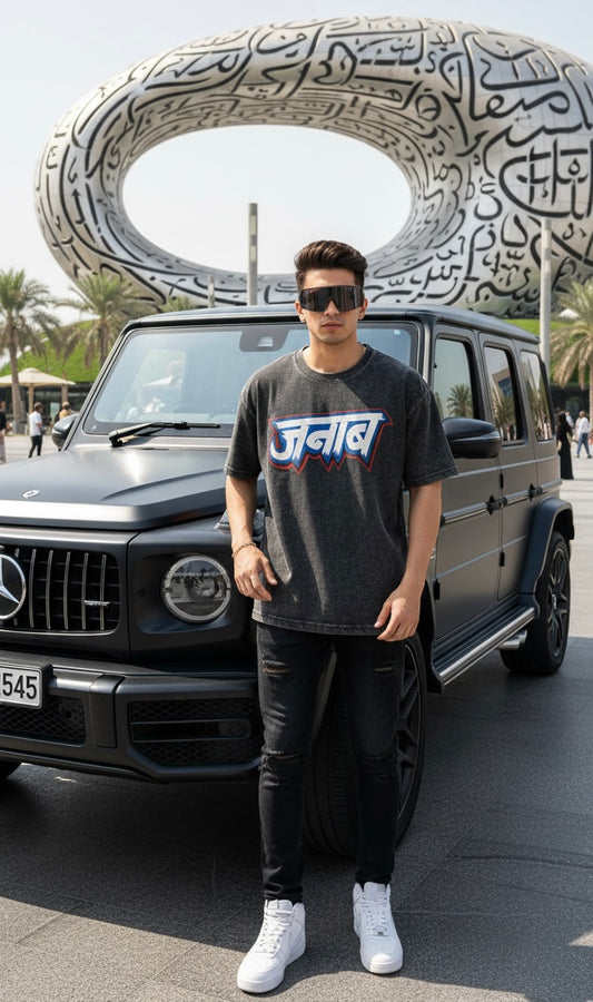 EGOISTIC “जनाब” Oversized Acid Wash Tee – Black