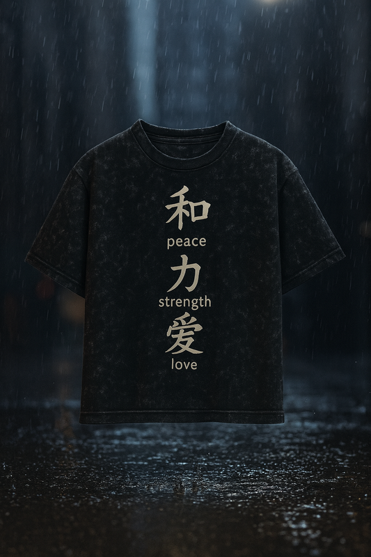 EGOISTIC ACID WASH Kanji Oversized Tee – Peace | Strength | Love